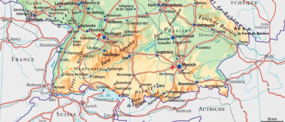 Подробная карта Германии с городами и дорогами юг