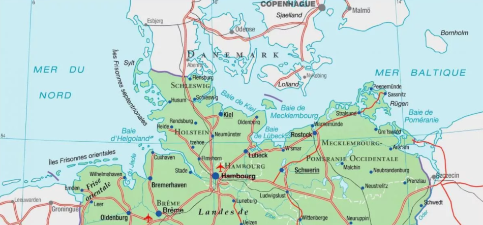 Подробная карта Германии с городами и дорогами север